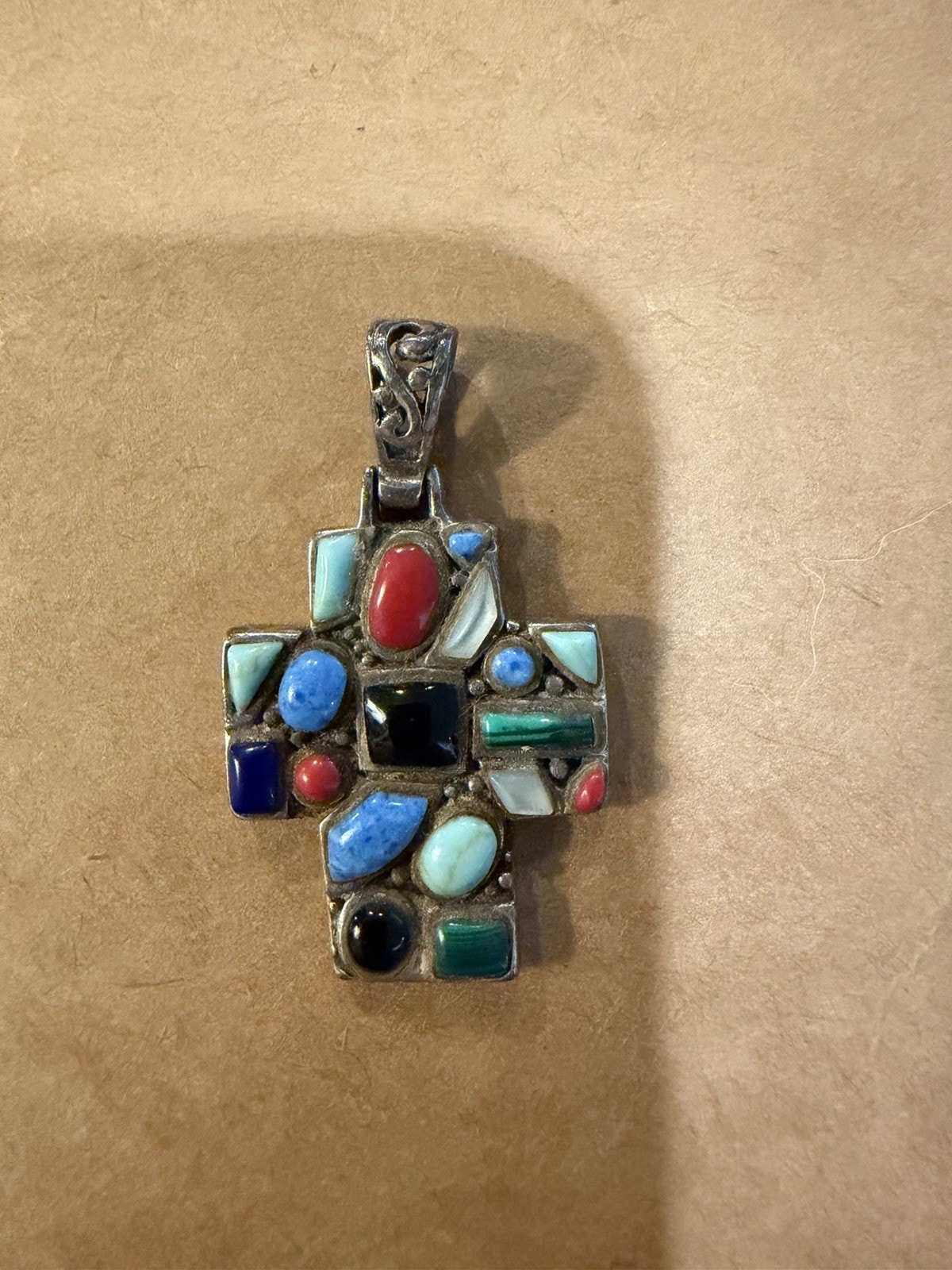 Sajen Se 925 Sterling Silver Multi-Stone Mosaic Inlay Cross Pendant Thailand
